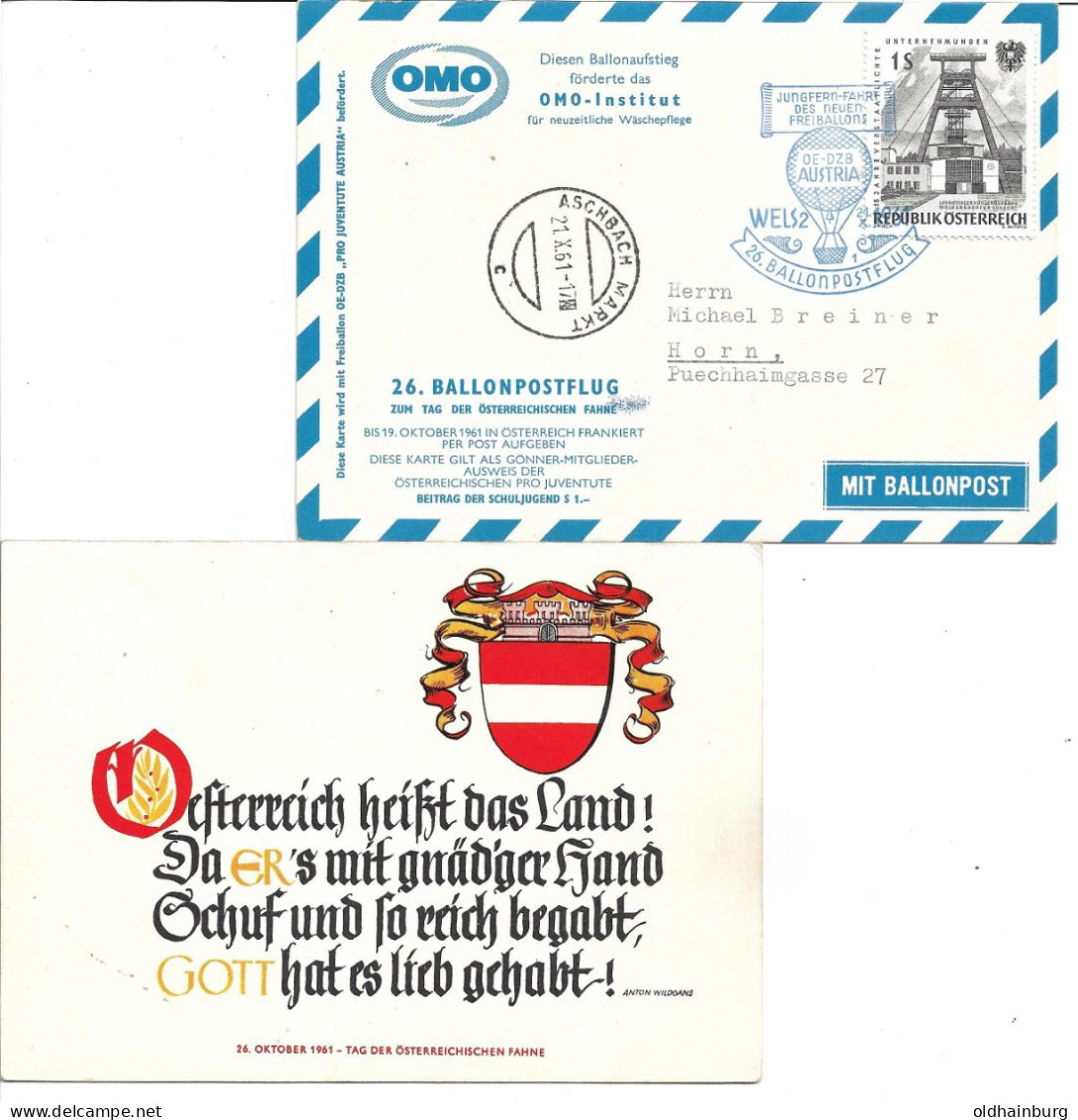 2308k: Österreich 1961, Tag Der Fahne, Ballonpost Wels- Aschbach Markt, Spruch Anton Wildgans, Vorder- Und Rs. Gescannt - Wels