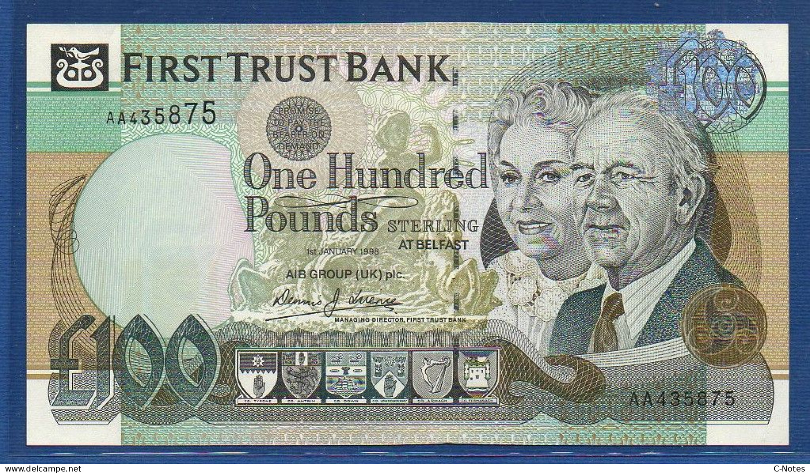 NORTHERN IRELAND - P.139b – 100 POUNDS 1998 UNC, S/n AA435875 First Trust Bank - 100 Pond