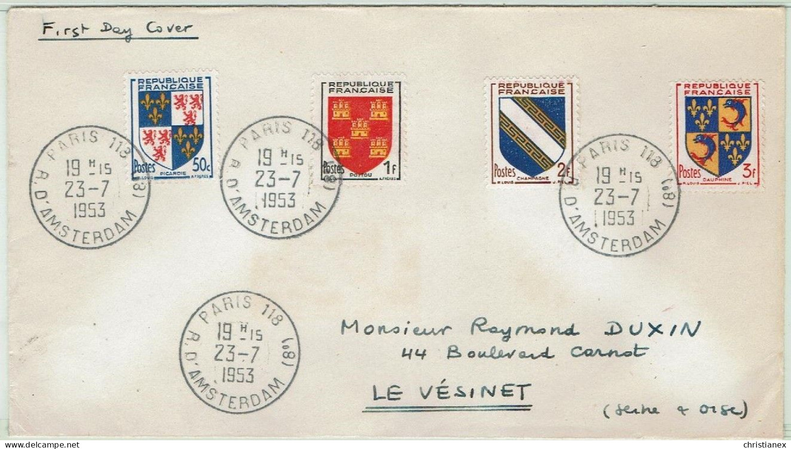 1953 ENVELOPPE FDC 1er JOUR BLASONS DES PROVINCES - 1950-1959