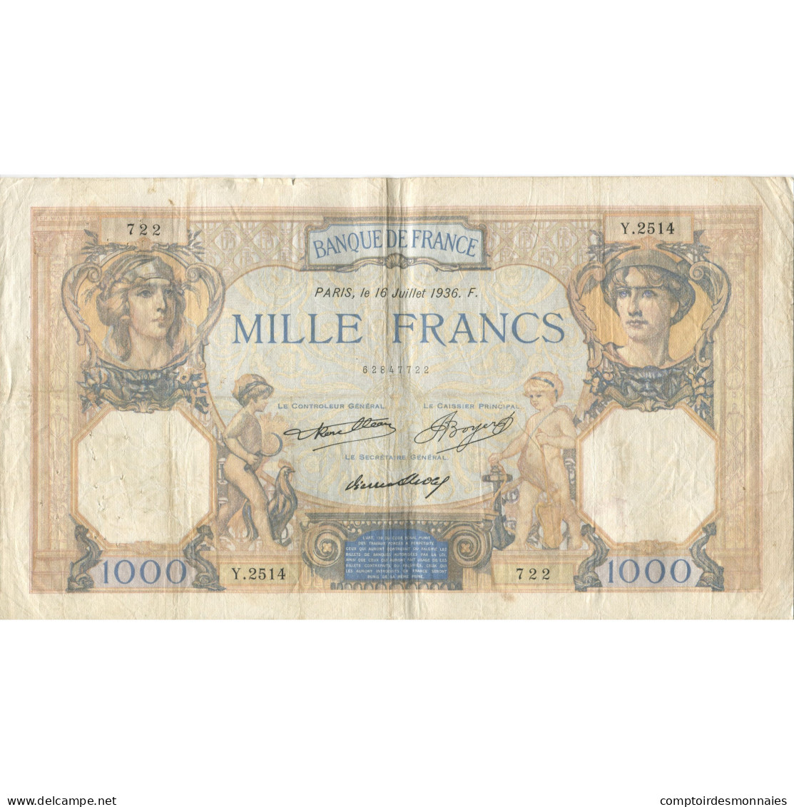 France, 1000 Francs, Cérès Et Mercure, 1936, 1936-07-16, TB, Fayette:37.9 - 1 000 F 1927-1940 ''Cérès Et Mercure''