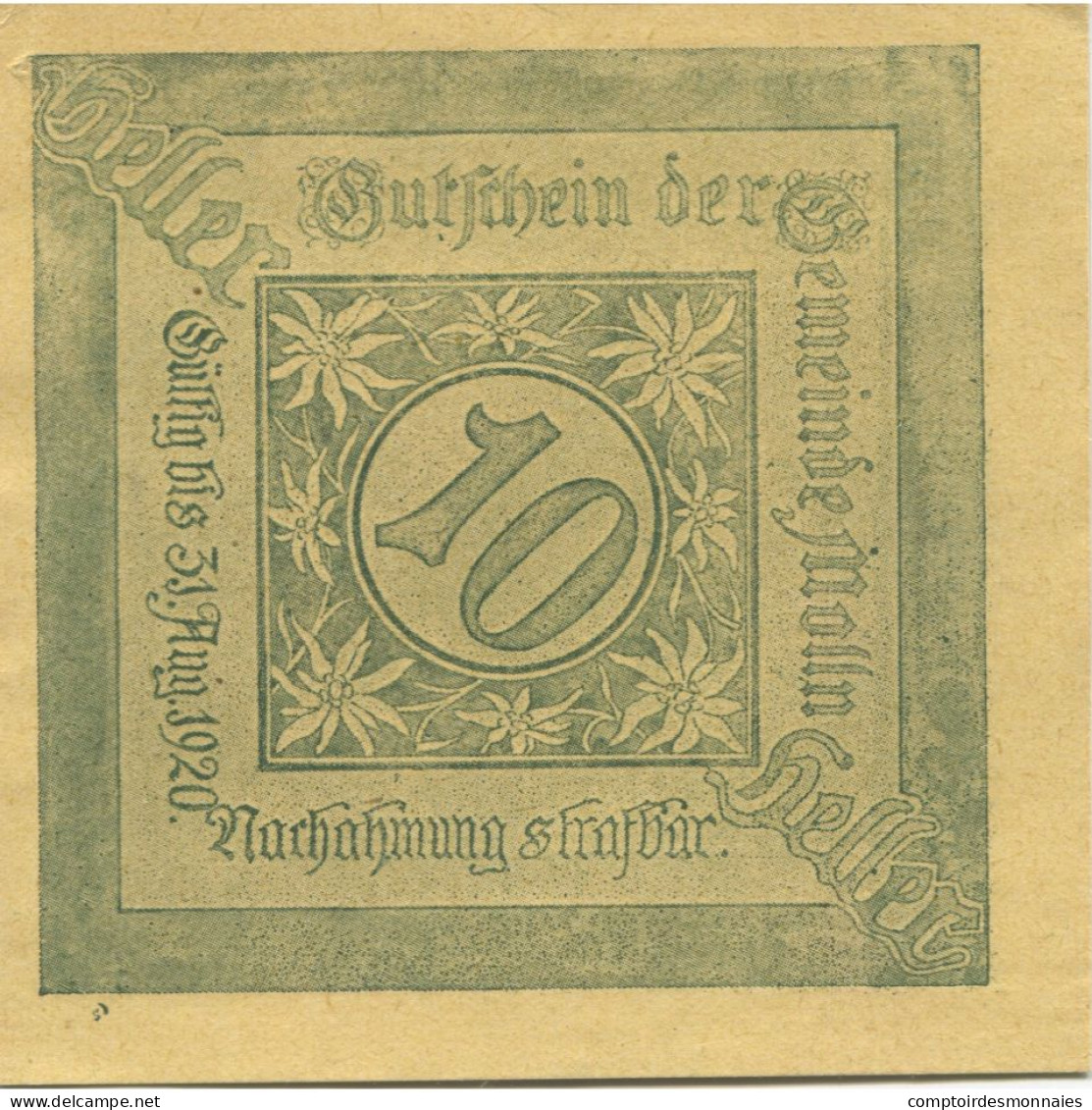 Billet, Autriche, Mölln, 10 Heller, Village, 1920, 1920-08-31, SPL, Mehl:FS 625 - Autriche