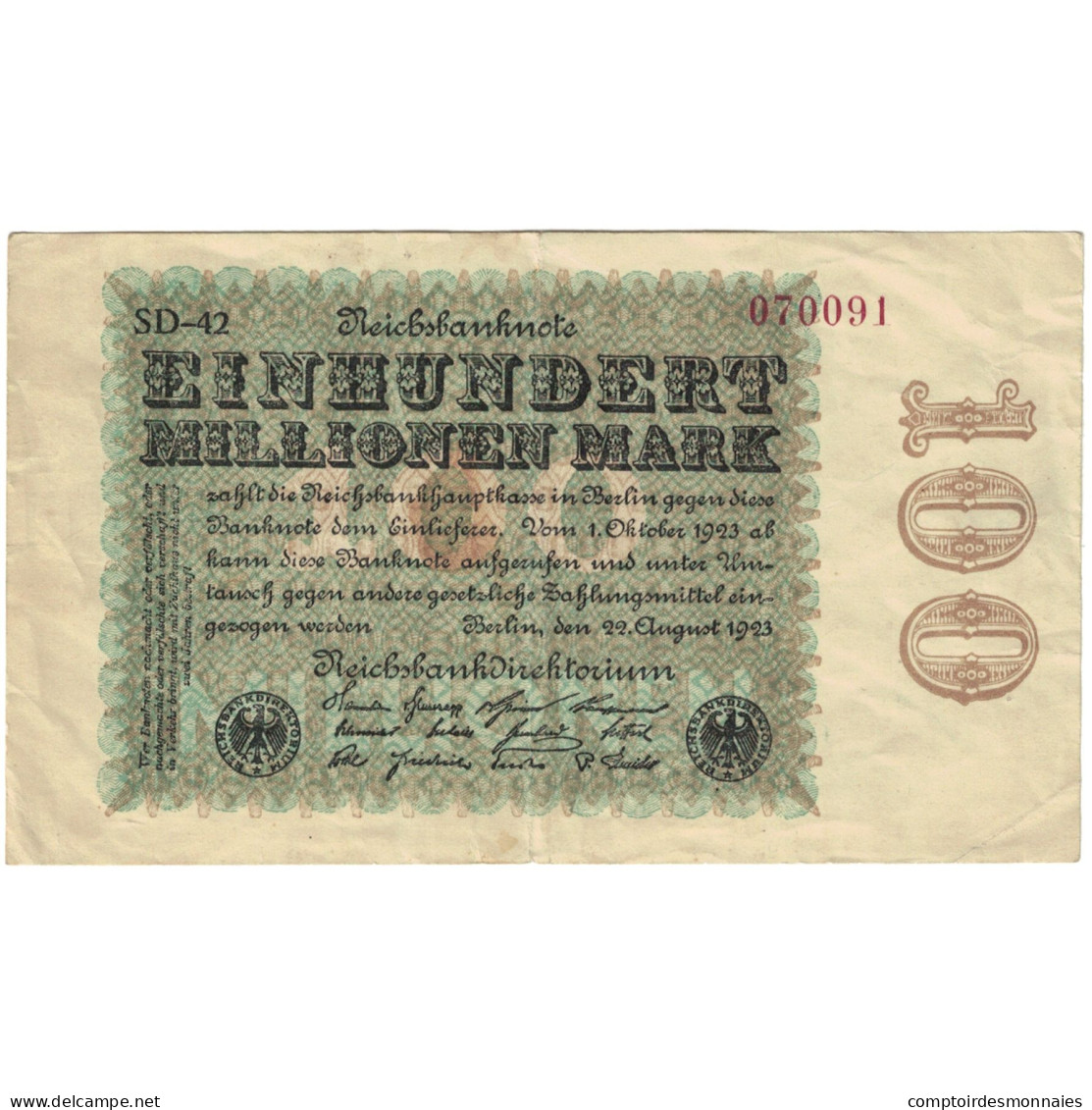 Billet, Allemagne, 100 Millionen Mark, 1923-08-22, KM:107a, TB - 100 Mark
