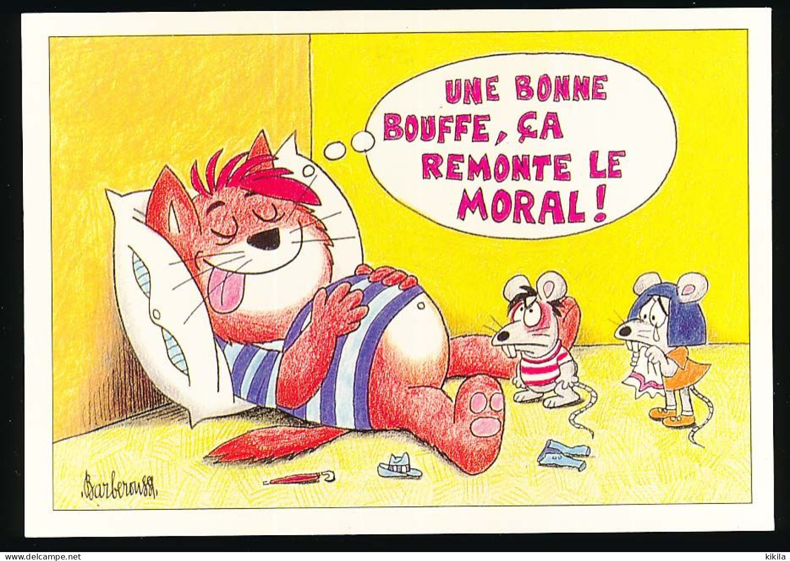 CPSM 10.5 X 15 Illustrateur Barberousse "Une Bonne Bouffe, ça Remonte Le Moral!" Chat Sieste Après Repas Souris En Pleur - Barberousse