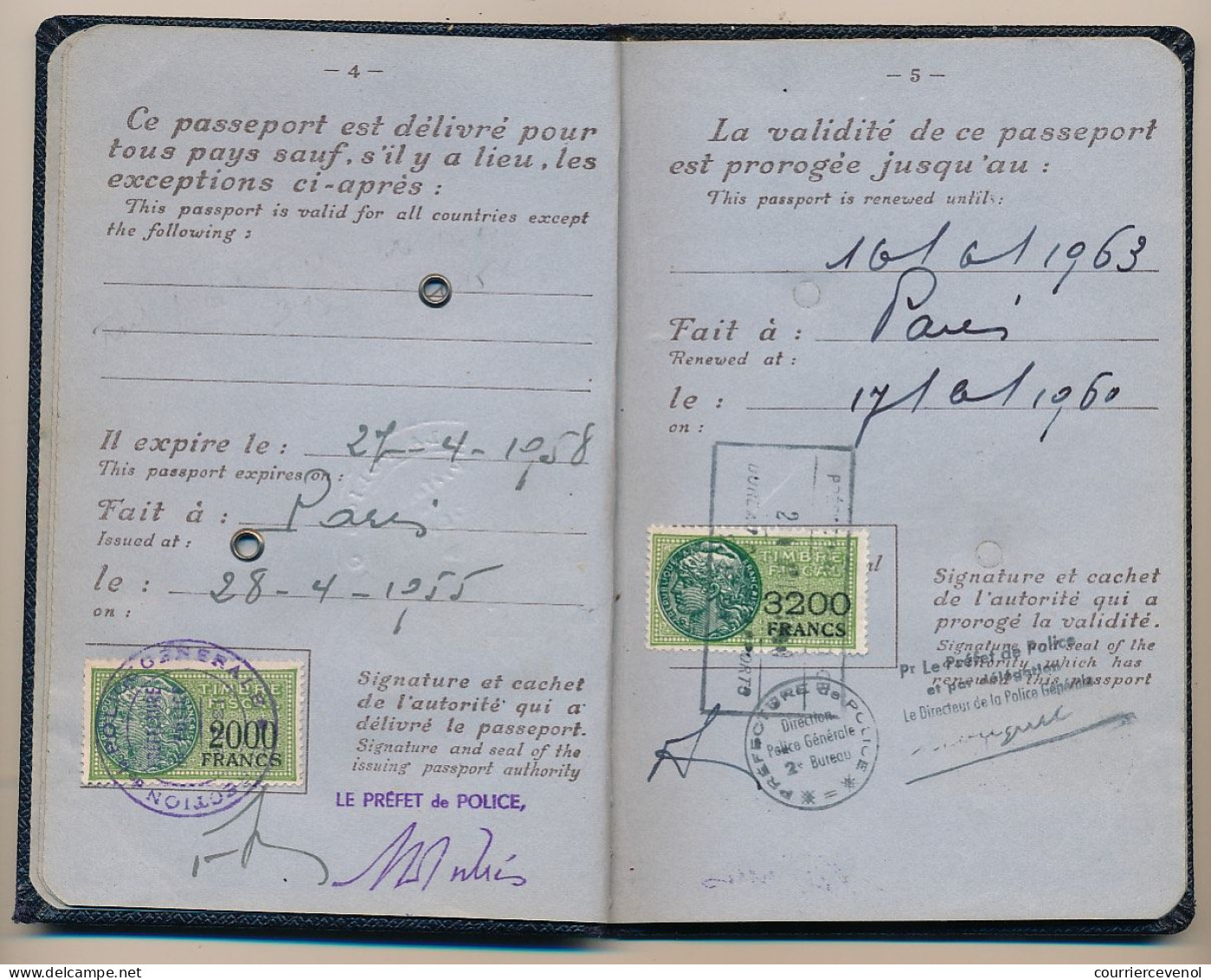FRANCE - Passeport Délivré à Paris - 1955 / 1963 - Fiscaux Type Daussy 2000F Et 3200F - Divers Visas Européens - Lettres & Documents