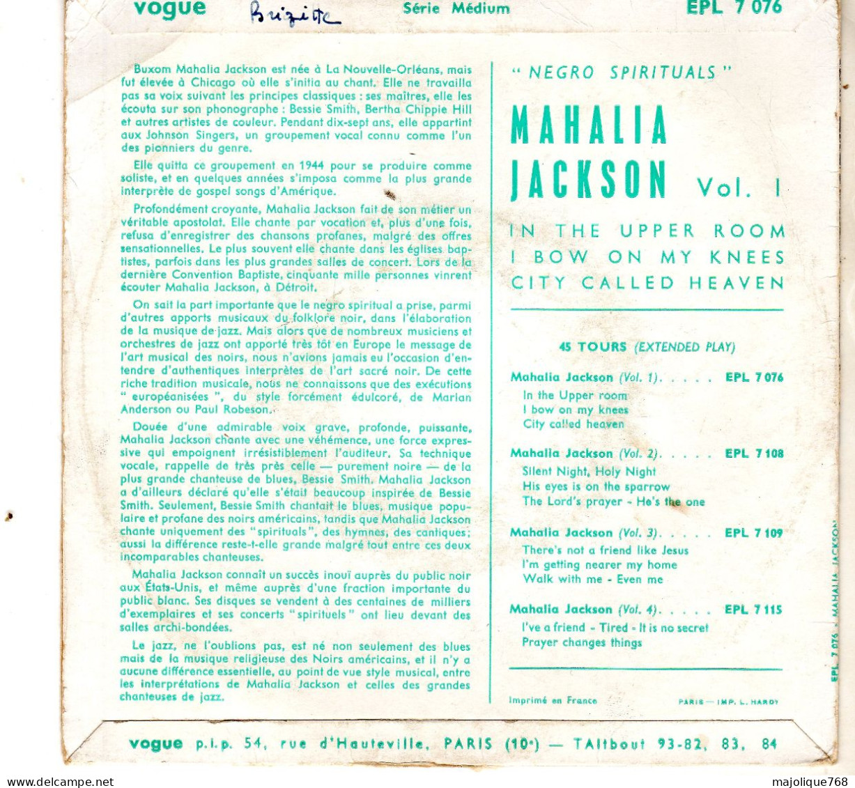 Disque 45T De Mahalia Jackson - In The Upper Room - Vogue EPL 7 076 - France 1960 - Gospel En Religie