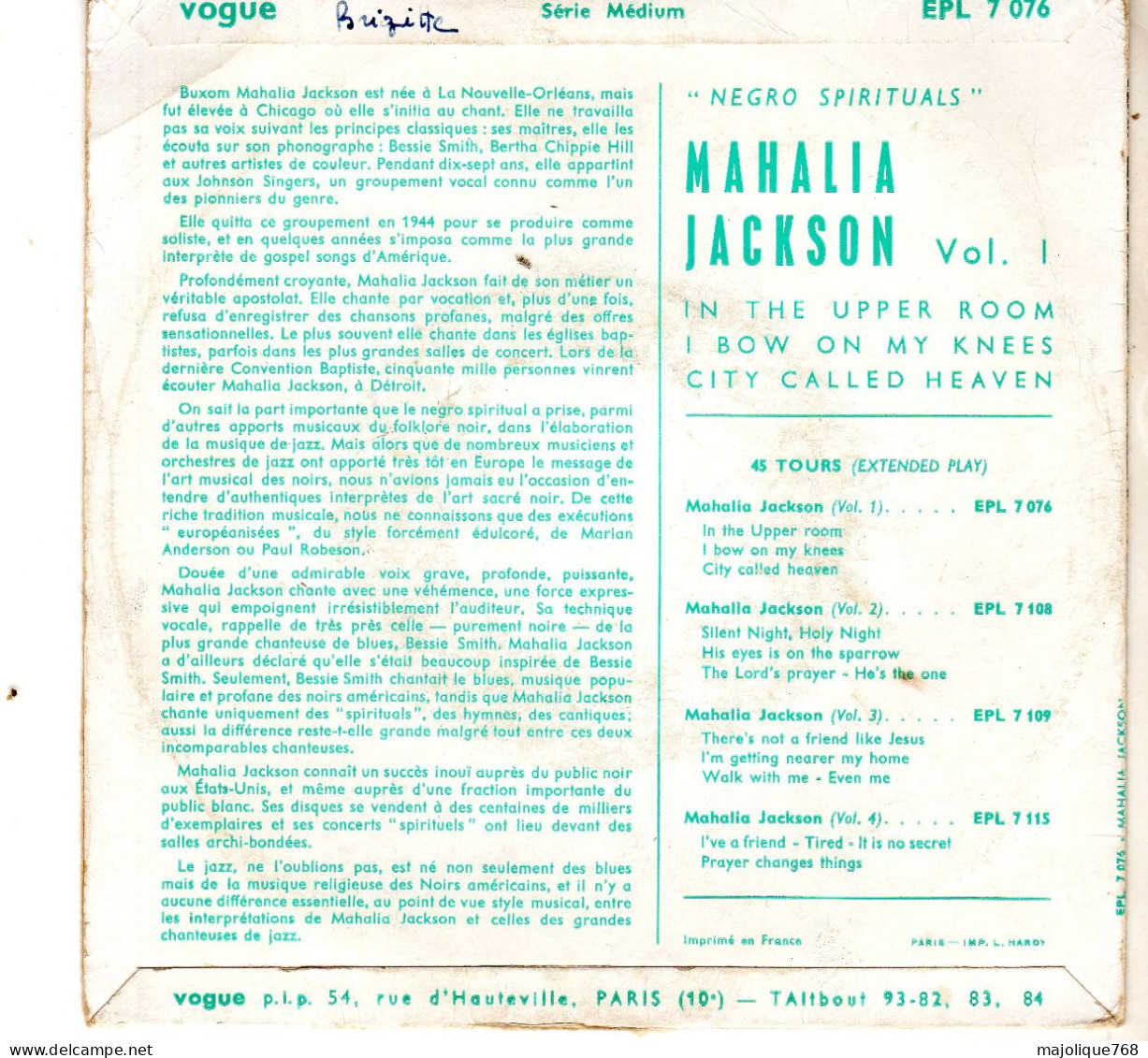 Disque 45T De Mahalia Jackson - In The Upper Room - Vogue EPL 7 076 - France 1960 - Gospel & Religiöser Gesang