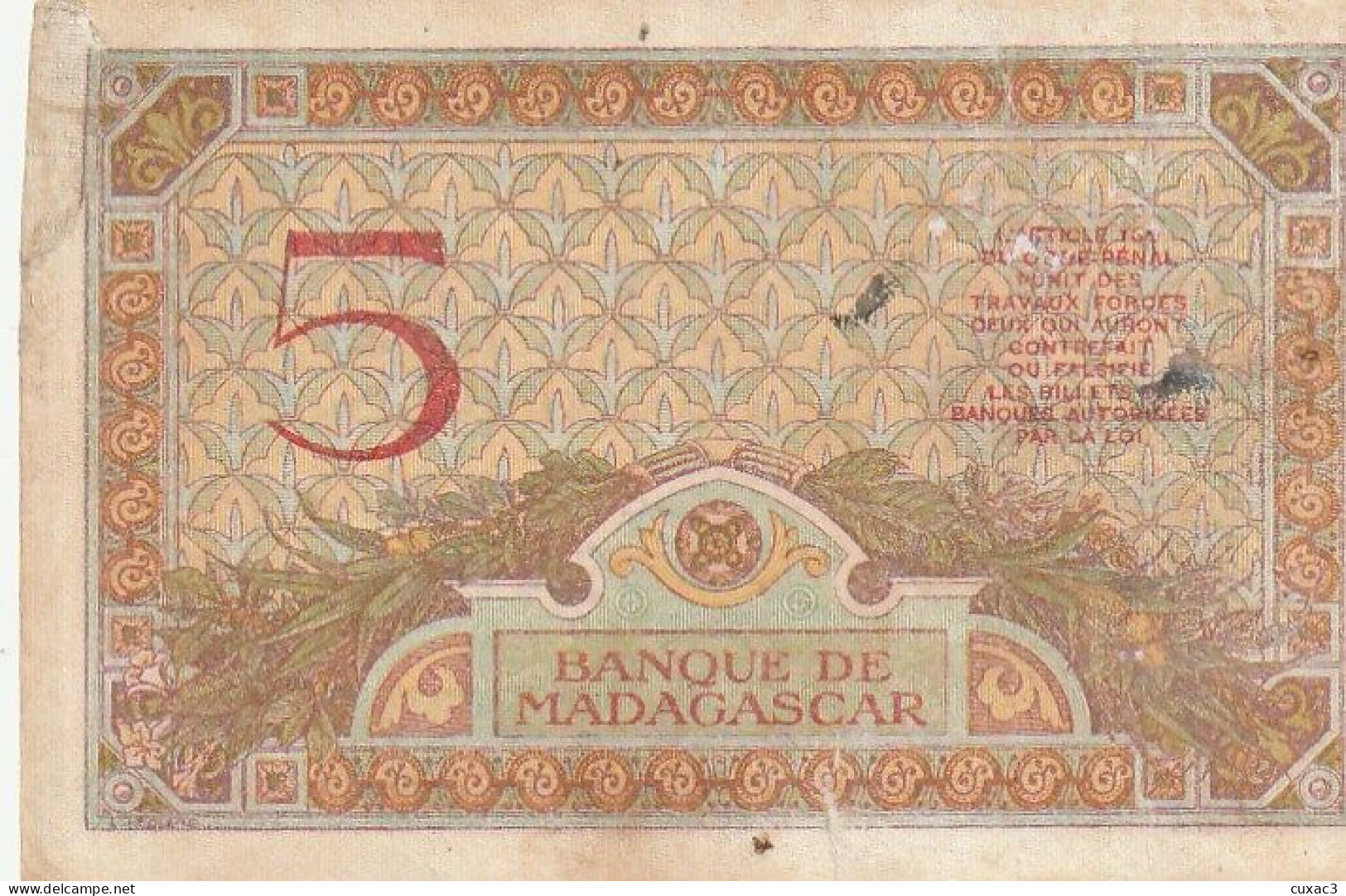 Banque De Madagascar  Cinq Francs - Madagascar