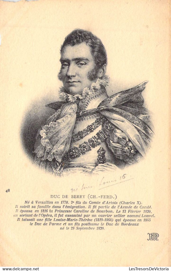 PERSONNAGES HISTORIQUE - DUC De Berry - Né à Versailles En 1778 2e Fils Du Comte D'Artois - Carte Postale Ancienne - Personaggi Storici