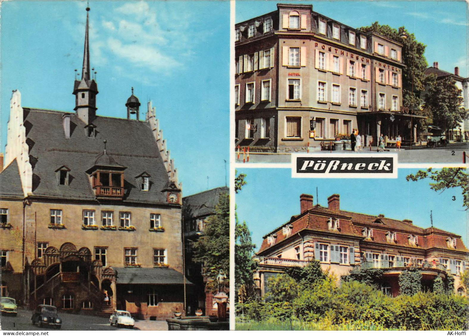 Pößneck - Rathaus, Posthirsch-Hotel, Erholungsheim Dr. I. P. Semmelweis, Gelaufen (2890) - Poessneck