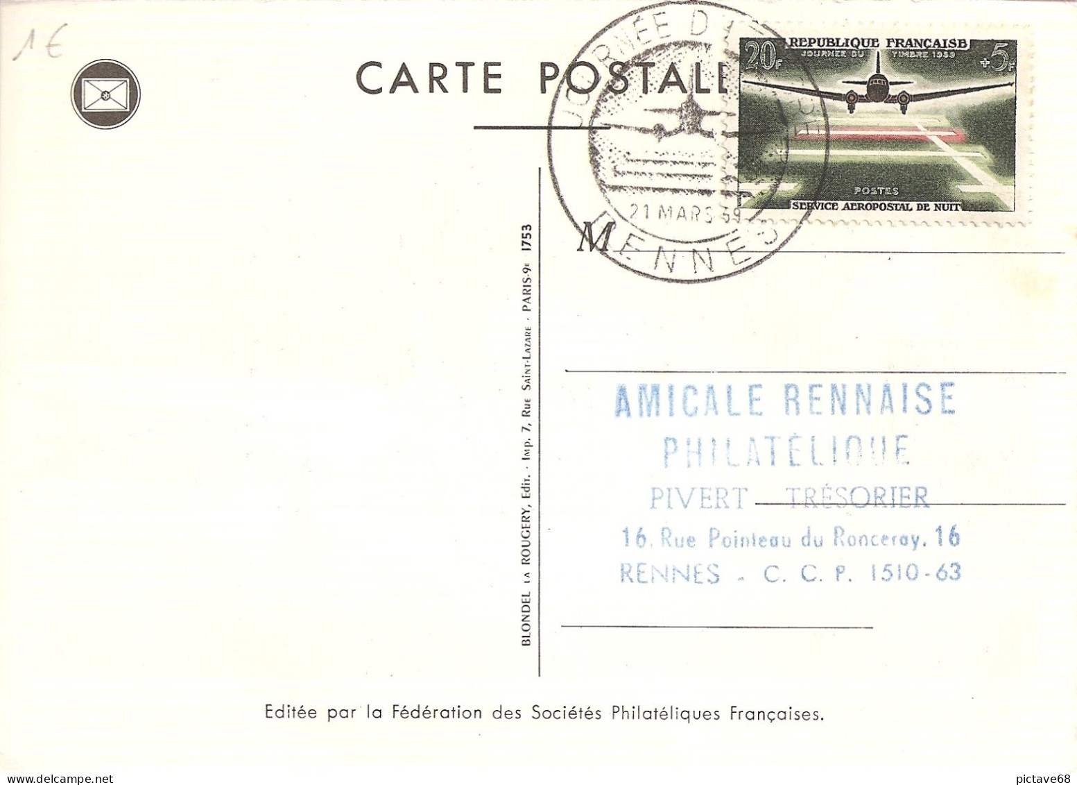 FRANCE / CARTE FDC DE RENNES SERVICE AEROPOSTAL DE NUIT N°1195 - 1950-1959