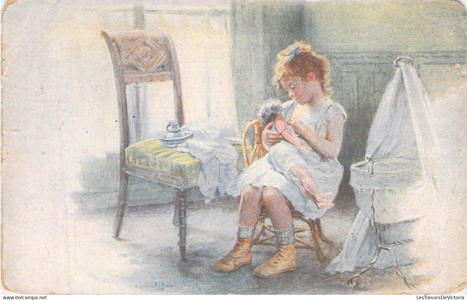 ENFANTS - Fille Tiens Sa Poupée Dans Les Bras - Berceau - Carte Postale Ancienne - Otros & Sin Clasificación