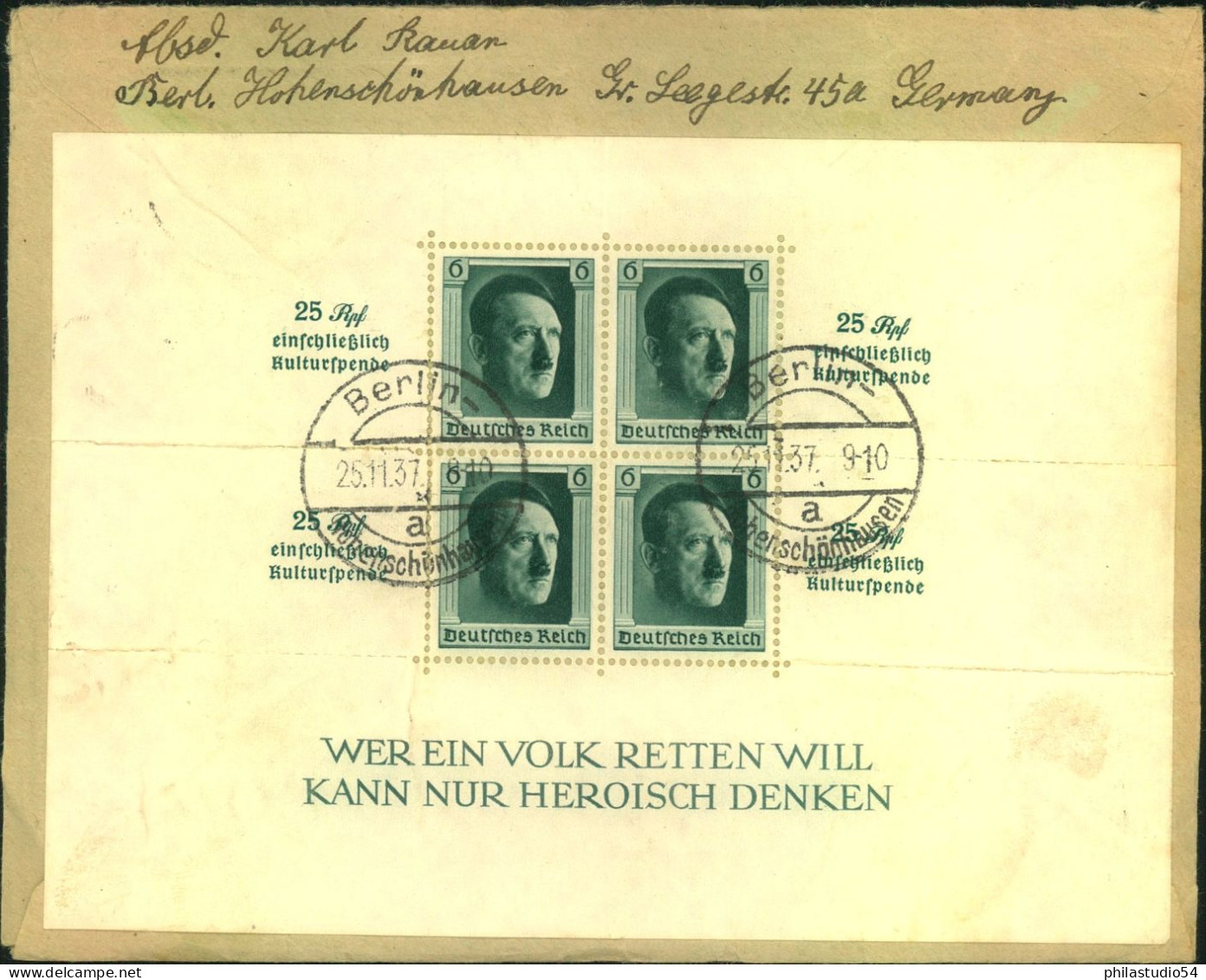 1937, Kuturspemdeblock Mit 1 Pfg- Zusatzfrankatur Auf Portogerechtem Brief Ab Ab BERÖIN-NIEDERSCHÖNEWEIDE Nach Palästina - Storia Postale