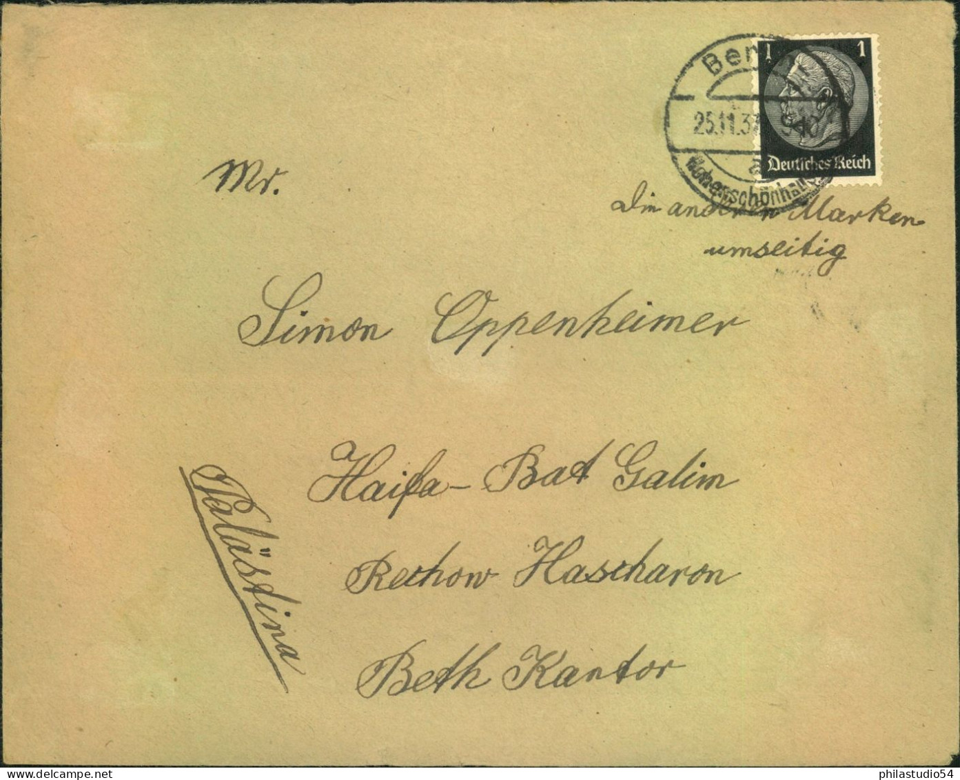 1937, Kuturspemdeblock Mit 1 Pfg- Zusatzfrankatur Auf Portogerechtem Brief Ab Ab BERÖIN-NIEDERSCHÖNEWEIDE Nach Palästina - Covers & Documents