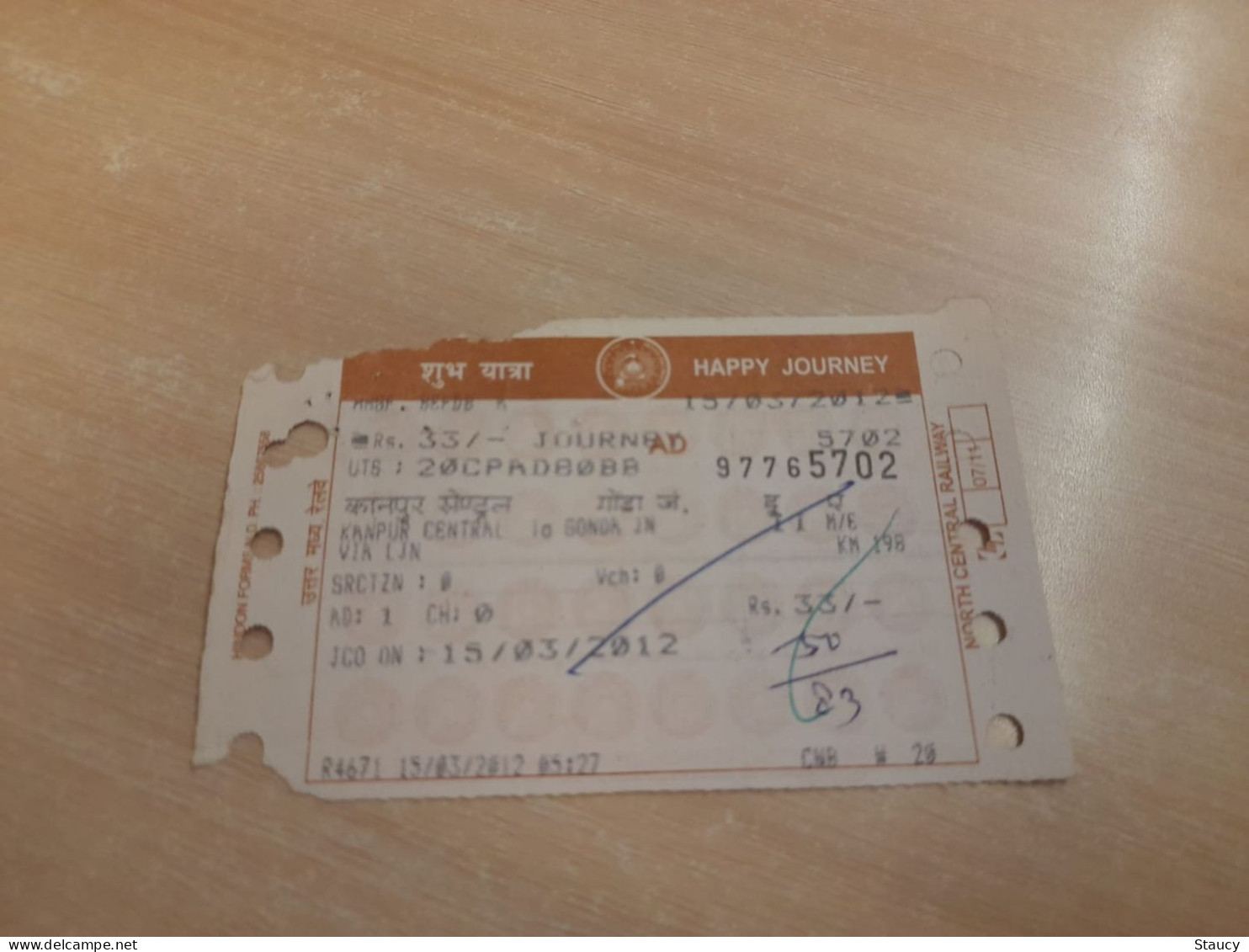 India Old / Vintage - Railway / Train Ticket "NORTH CENTRAL RAILWAY" As Per Scan - Welt
