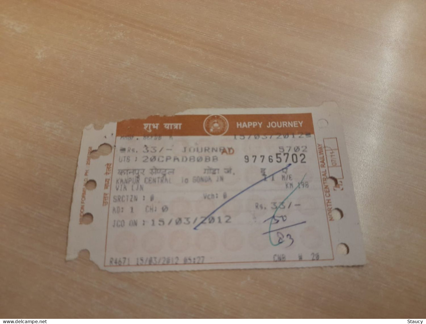 India Old / Vintage - Railway / Train Ticket "NORTH CENTRAL RAILWAY" As Per Scan - Mundo