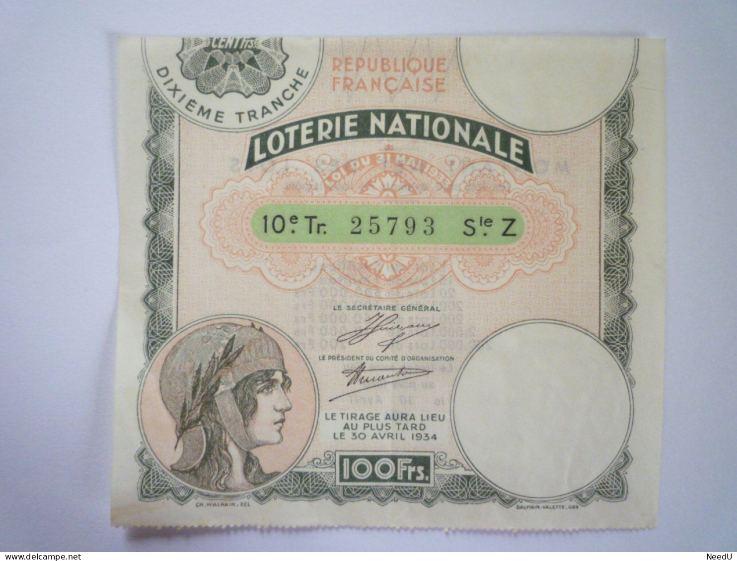 L 25  SUPERBE BILLET DE LOTERIE  De  1934   XXX - Lottery Tickets