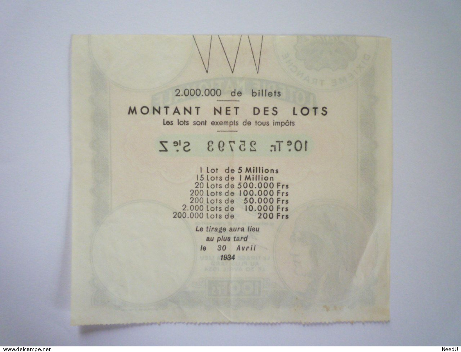 L 25  SUPERBE BILLET DE LOTERIE  De  1934   XXX - Billets De Loterie