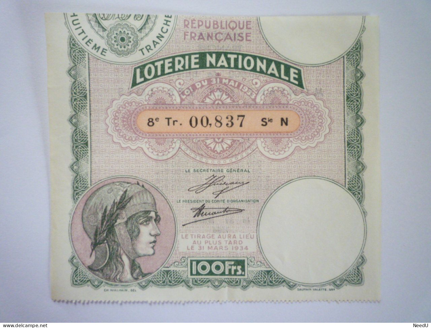 L 26  SUPERBE BILLET DE LOTERIE  De  1934   XXX - Billets De Loterie