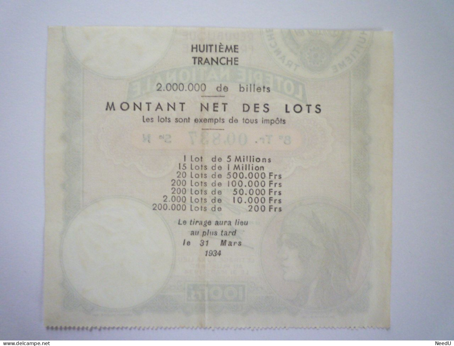 L 26  SUPERBE BILLET DE LOTERIE  De  1934   XXX - Lottery Tickets