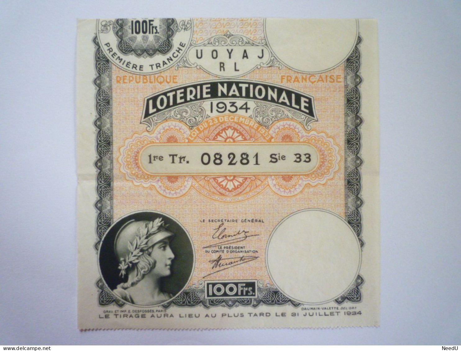 L 27  SUPERBE BILLET DE LOTERIE  De  1934   XXX - Billets De Loterie