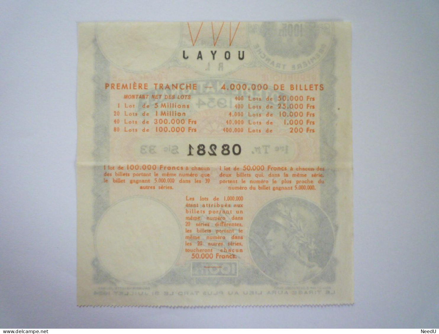 L 27  SUPERBE BILLET DE LOTERIE  De  1934   XXX - Billets De Loterie