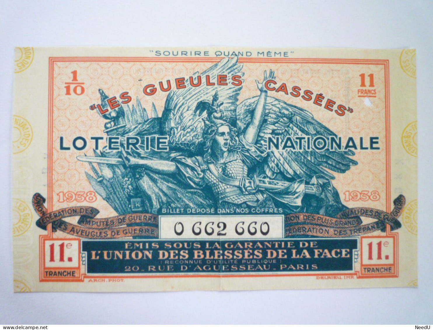 L 28  BILLET DE LOTERIE  De  1938  " LES GUEULES CASSEES "   XXX - Loterijbiljetten