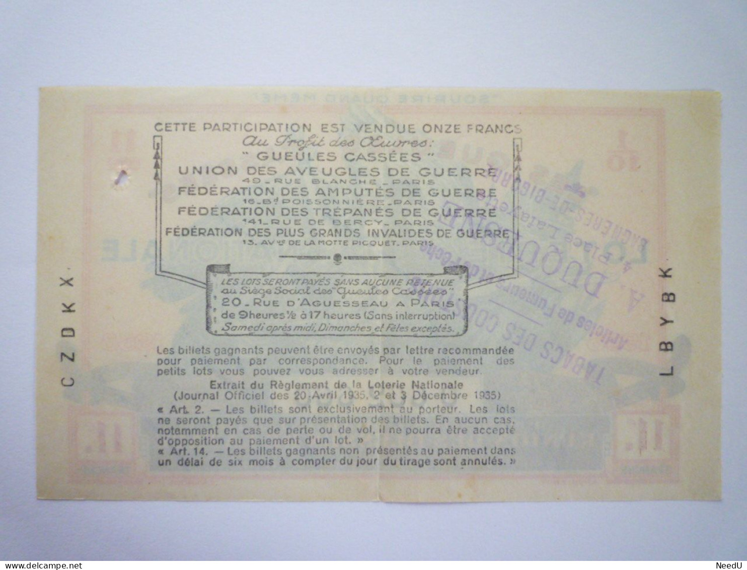 L 28  BILLET DE LOTERIE  De  1938  " LES GUEULES CASSEES "   XXX - Loterijbiljetten
