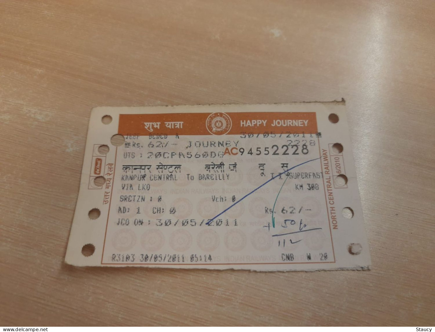 India Old / Vintage - INDIAN Railways / Train Ticket "NORT CENTRAL RAILWAY" As Per Scan - Mondo