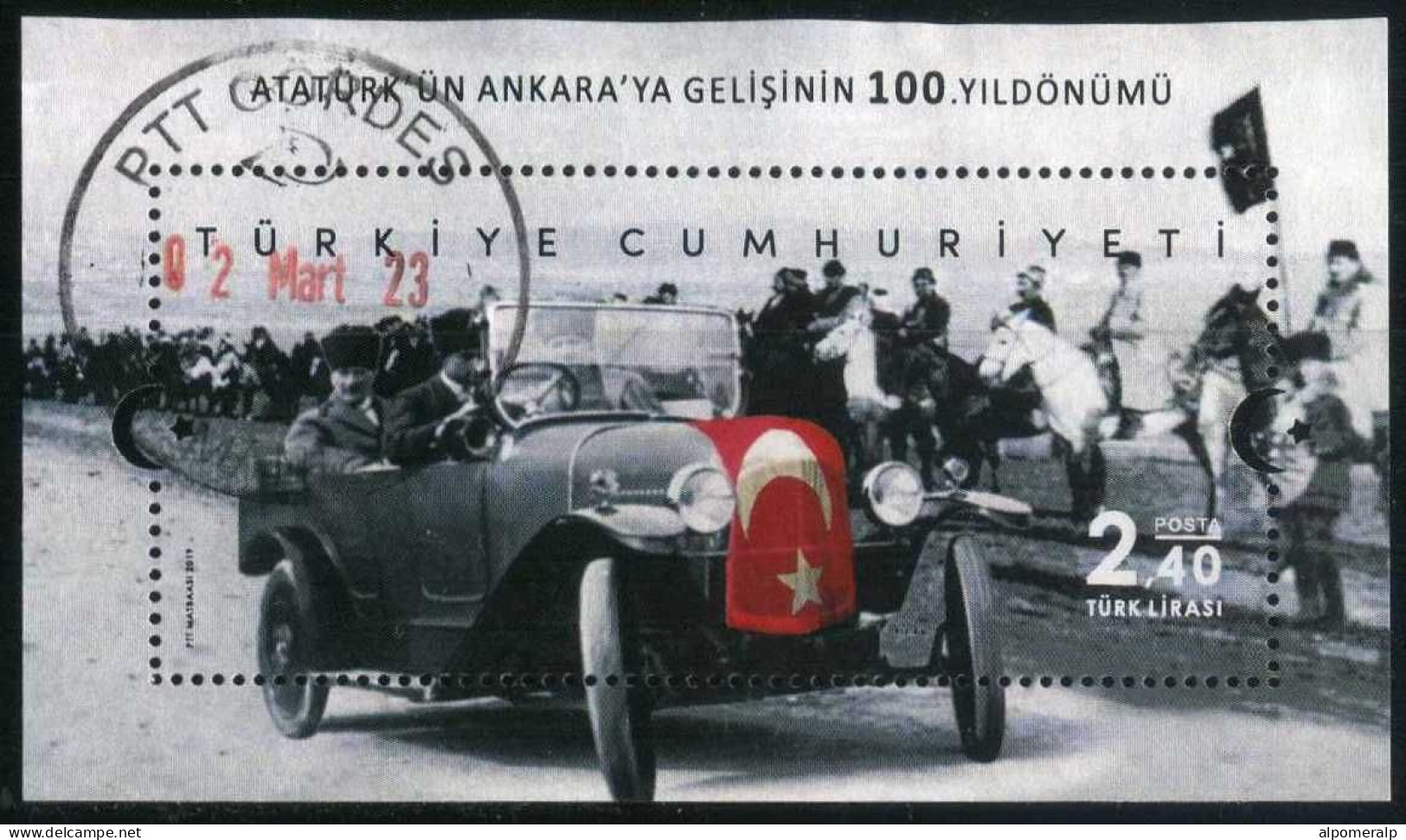Türkiye 2019 Mi 4557 [Block 195] Mustafa Kemal Atatürk's Arrival In Ankara, 1919 | WW1, Car, Flag, Horse - Usados