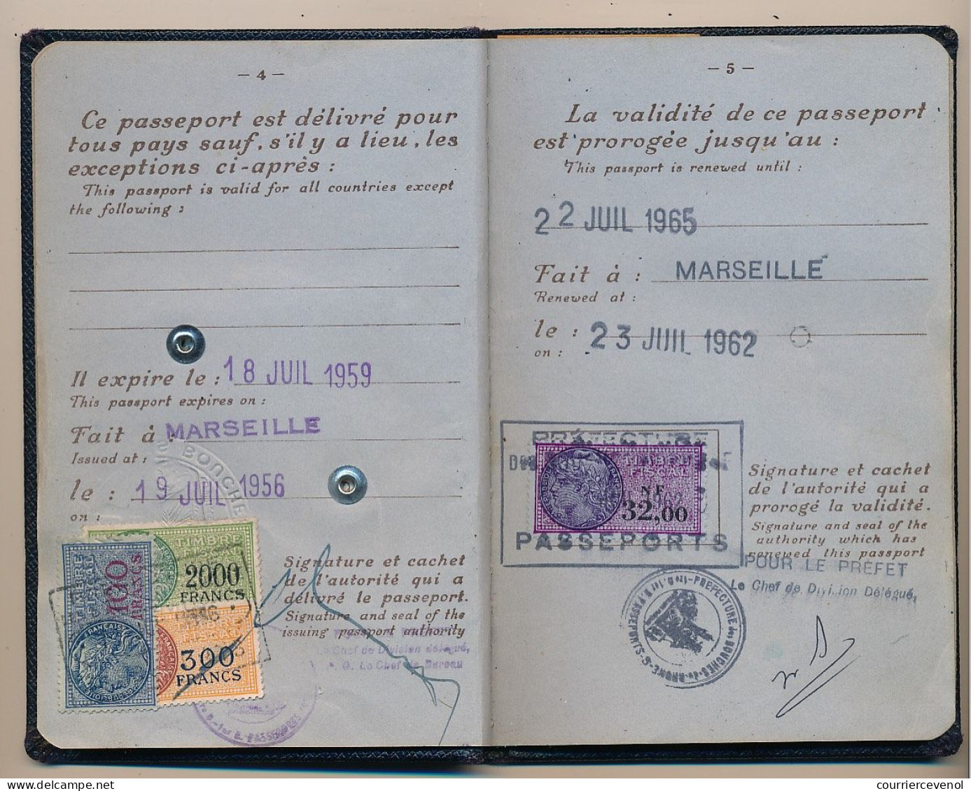 FRANCE - Passeport Délivré à Marseille (B. Du R.) - 1959/1965 - Fiscaux Type Daussy 2000F, 300F,100F + 32,00NF + Visas - Brieven En Documenten