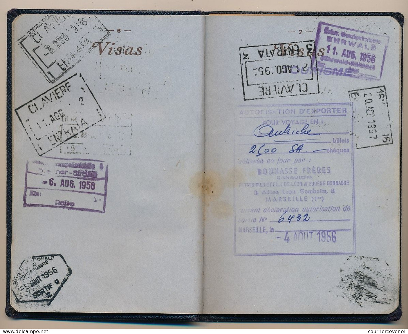 FRANCE - Passeport délivré à Marseille (B. du R.) - 1959/1965 - Fiscaux type Daussy 2000F, 300F,100F + 32,00NF + Visas