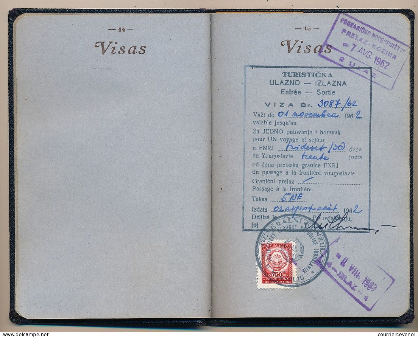 FRANCE - Passeport délivré à Marseille (B. du R.) - 1959/1965 - Fiscaux type Daussy 2000F, 300F,100F + 32,00NF + Visas