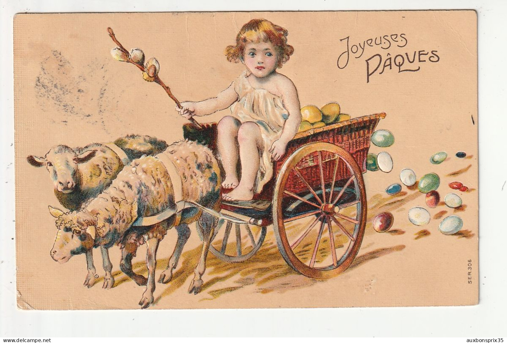 JOYEUSES PAQUES - ENFANT DANS UNE CHARETTE - (RELIEF) - Easter