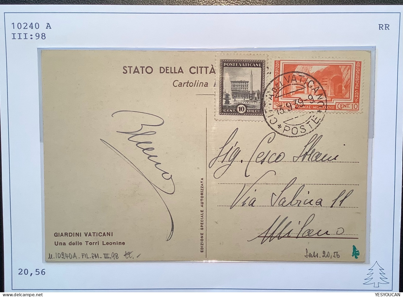 Sa.56 1938 10c CONGRESSO DI ARCHEOLOGIA CRISTIANA Cartolina 1939 (Vatican Vaticano Cover Lettera Archeology Archéologie - Briefe U. Dokumente