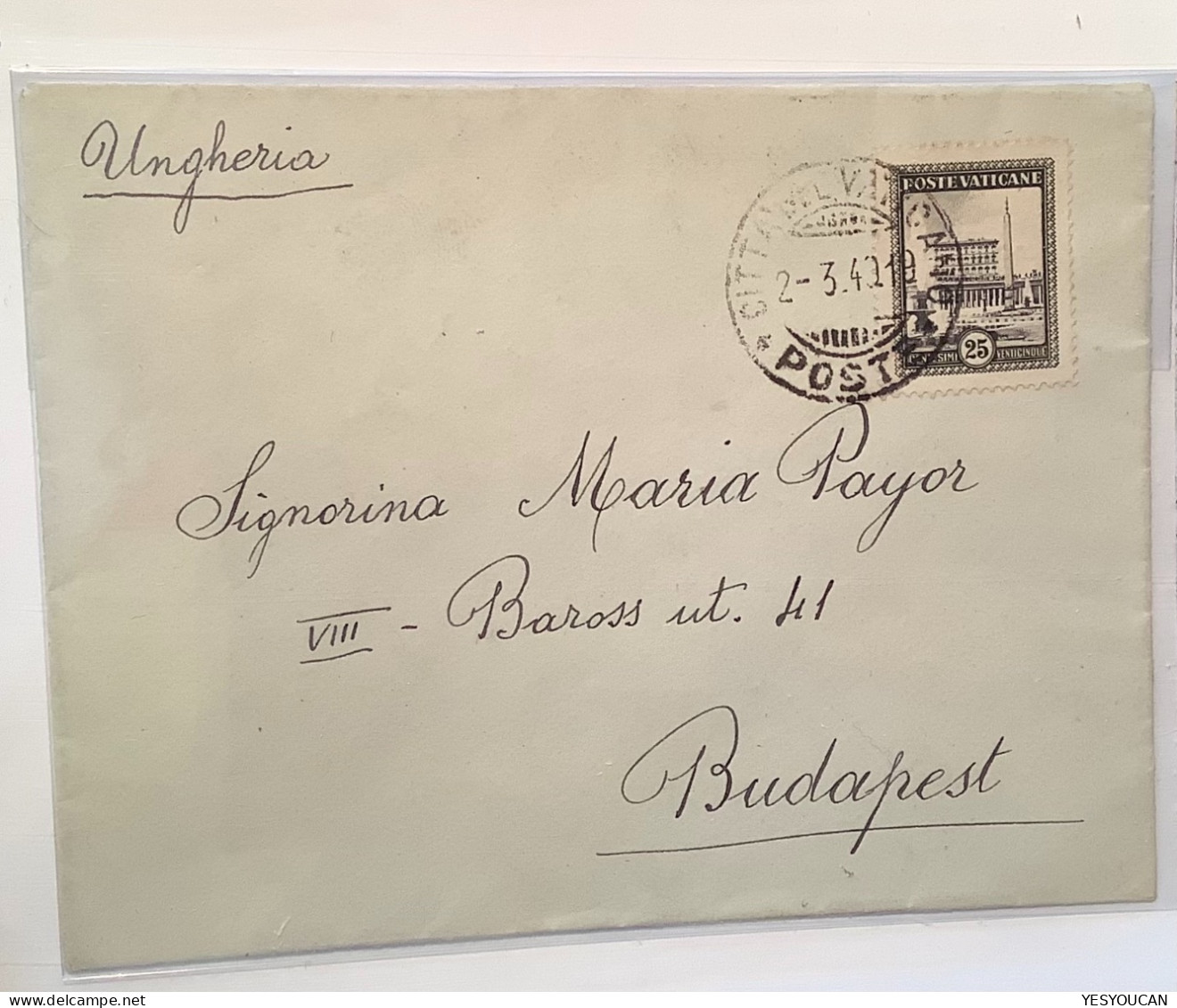 Sa.23 1933 25c Lettera STAMPATI ESTERO 1940>Budapest  (Vatican Vaticano Stampa Cover Rare Printed Matter - Brieven En Documenten