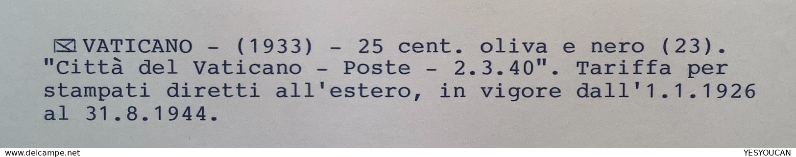 Sa.23 1933 25c Lettera STAMPATI ESTERO 1940>Budapest  (Vatican Vaticano Stampa Cover Rare Printed Matter - Covers & Documents