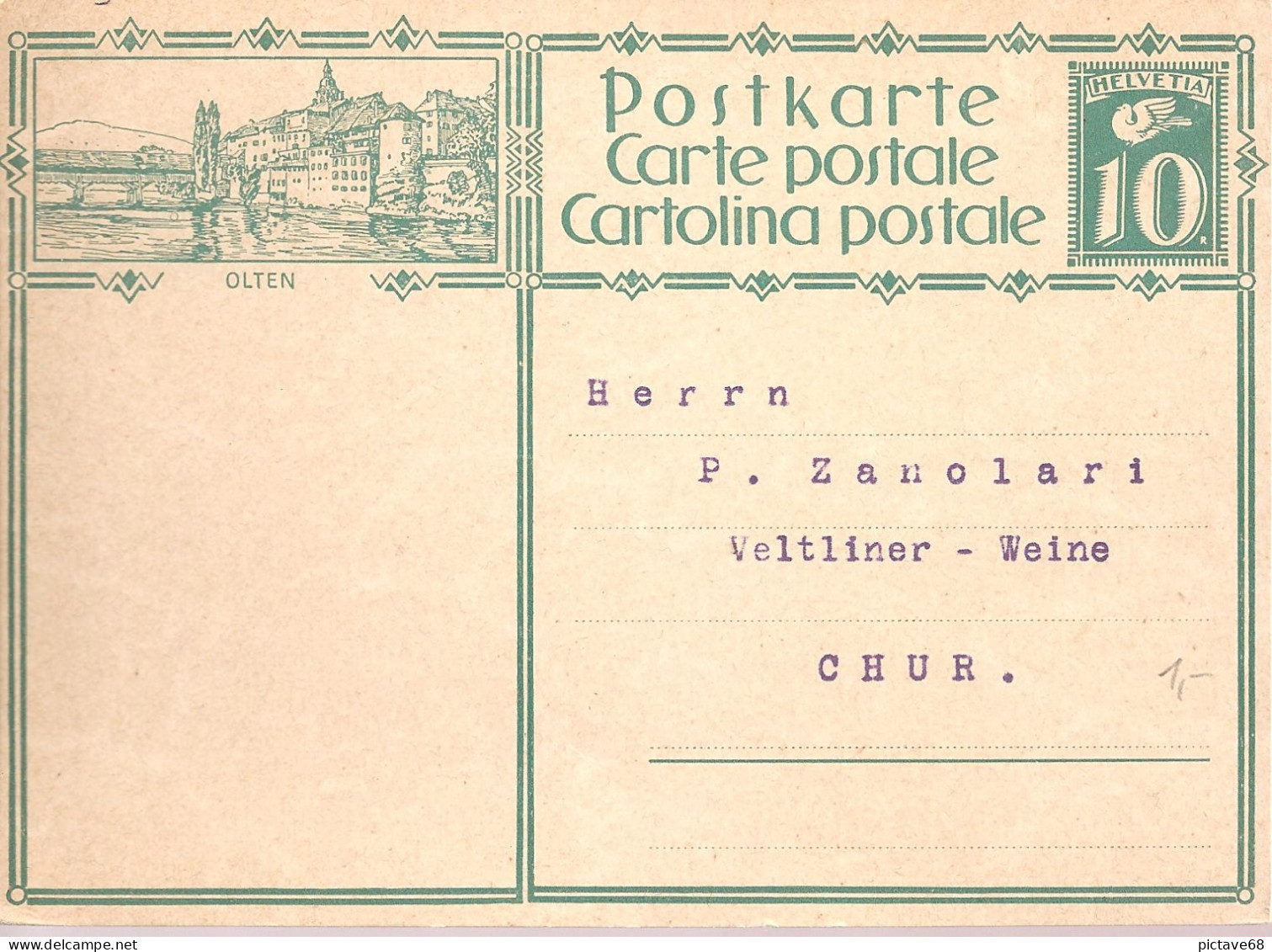 SUISSE / CARTE POSTALE DE 10cts VERT COLOMBE ILLUSTRATION OLTEN - Entiers Postaux