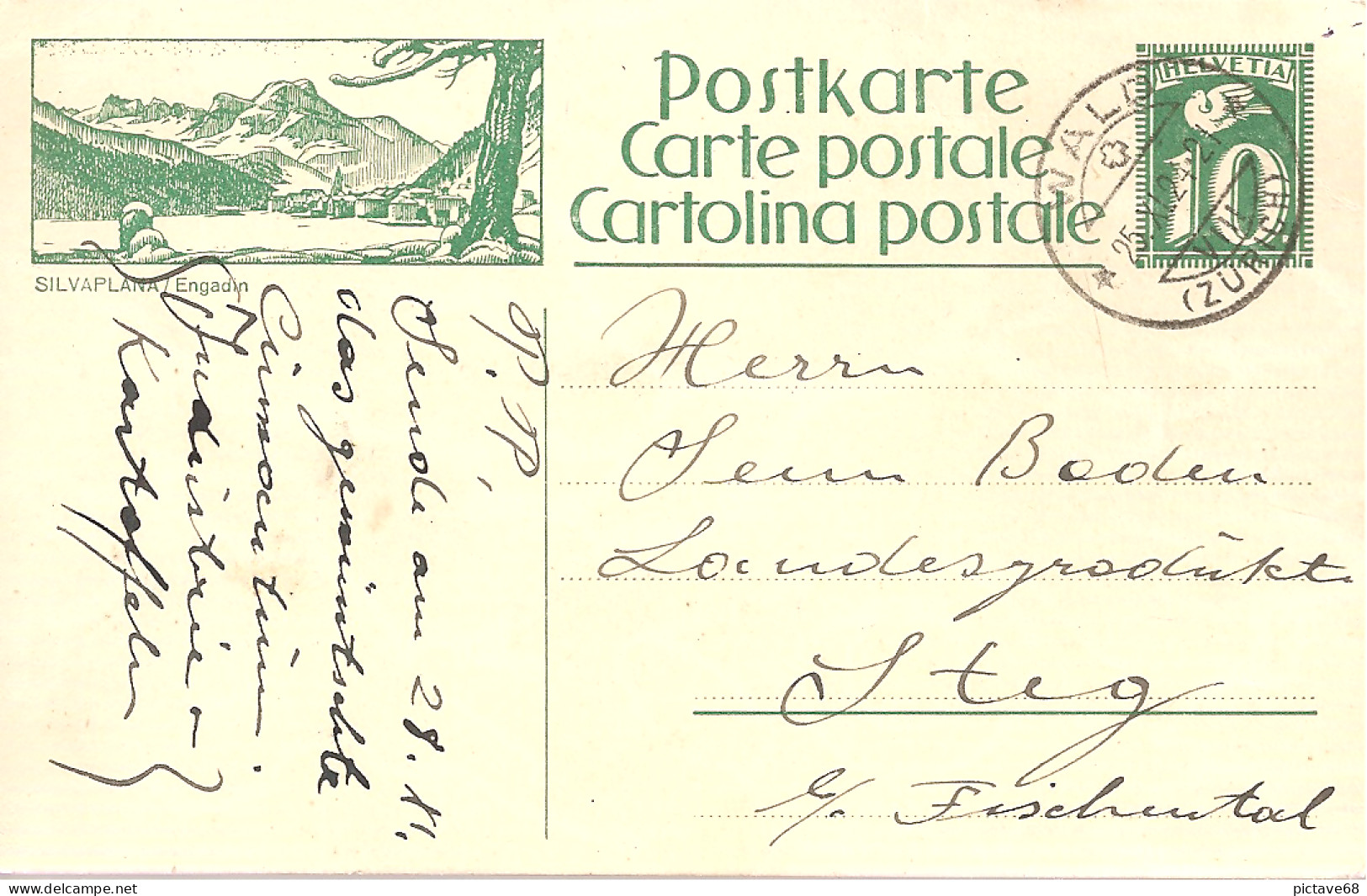 SUISSE / CARTE POSTALE DE 10cts VERT COLOMBE ILLUSTRATION SILVAPLANA / ENGADIN - Entiers Postaux