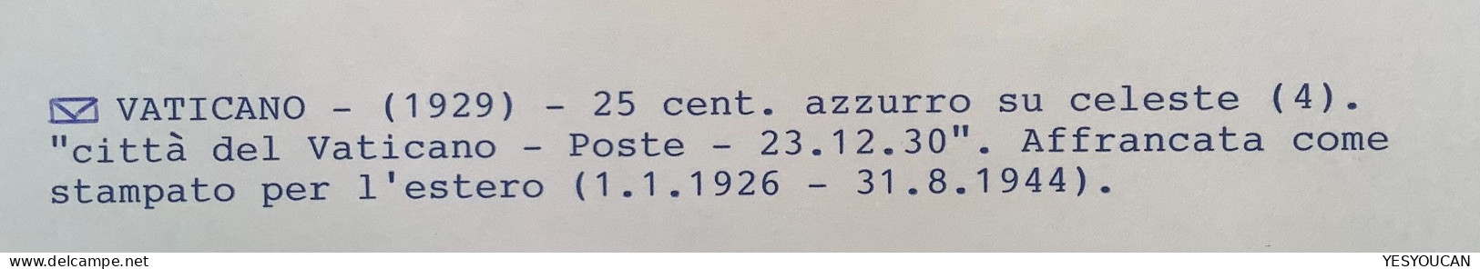 Sa.4 1929 25c Lettera STAMPATI ESTERO 1930>Budapest  (Vatican Vaticano Stampa First Issue Cover Rare Printed Matter - Covers & Documents