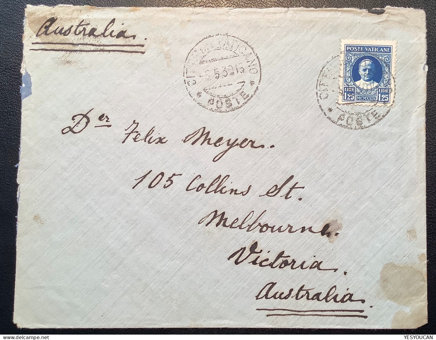 Sa.9 1929 1,25L Lettera 1932>Melbourne Victoria Australia (Vatican First Issue Cover RARE DESTINATION Vaticano Italy - Covers & Documents