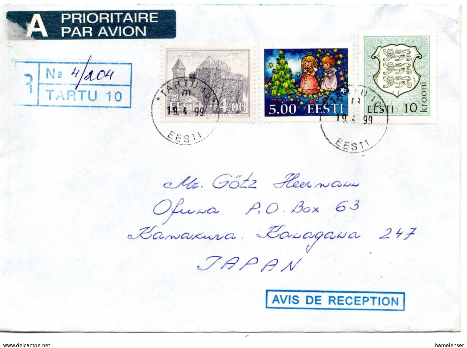 66324 - Estland - 1999 - 10Kr Wappen MiF A R-LpBf TARTU -> Japan - Estonia