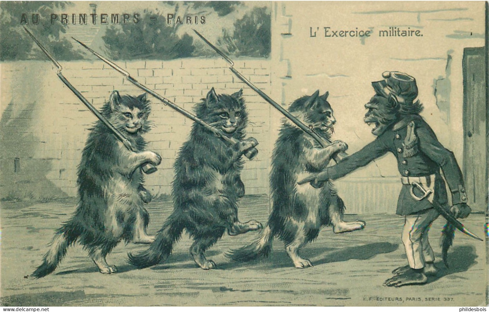 CHATS HUMANISES Gaufrée  TBE  " L'exercice Militaire "  ( K.F édit ) - Animali Abbigliati