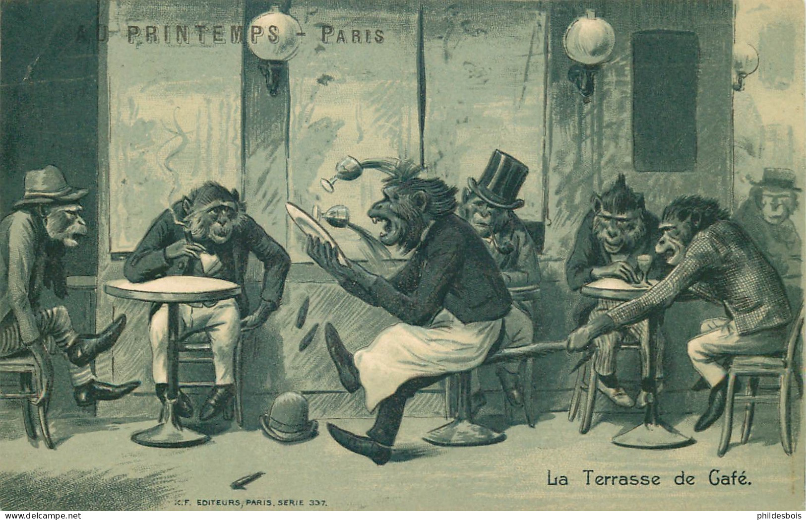 CHATS HUMANISES Gaufrée  TBE  " La Terrasse De Café "  ( K.F édit ) - Animales Vestidos