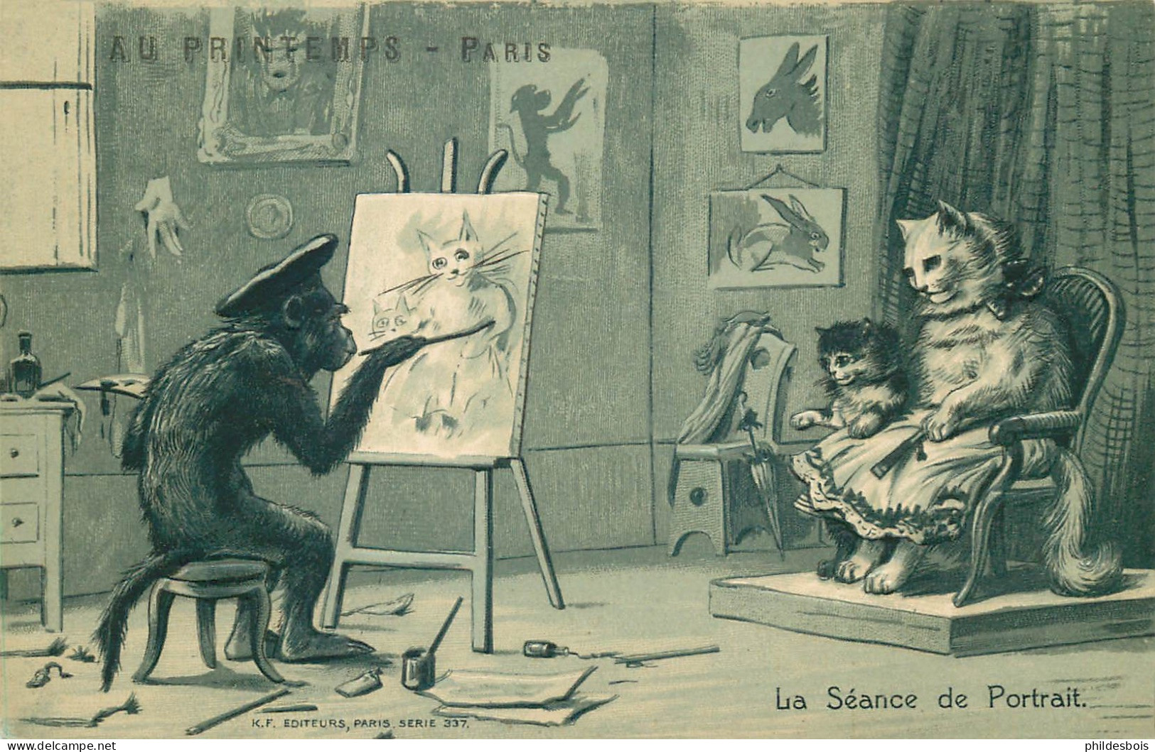 CHATS HUMANISES Gaufrée  TBE  " La Seance De Portrait "  ( K.F édit ) - Animaux Habillés