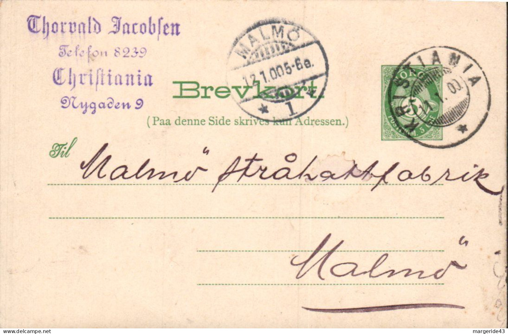 NORVEGE ENTIER DE KRISTANIA 1905 - Lettres & Documents