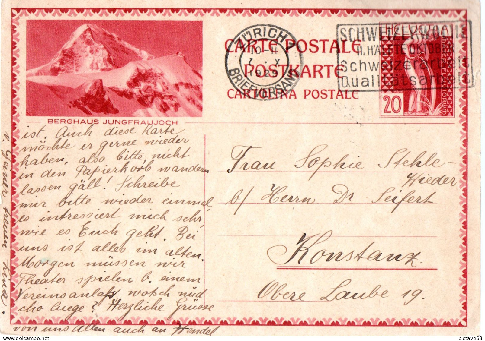 SUISSE / CARTE POSTALE DE 20cts ROUGE FONTAINE ILLUSTRATION BREGHAUS JUNGFRAUJOCH - Entiers Postaux