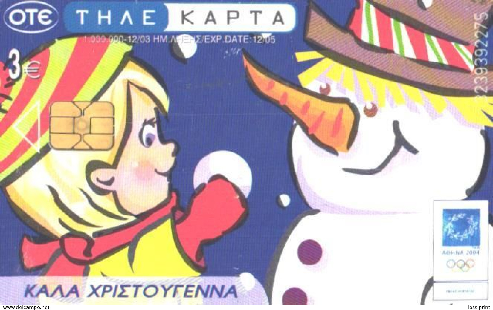 Greece:Used Phonecard, OTE, 3 EUR, Athens Olympic Games 2004, New Year, Snowman, 2003 - Griechenland