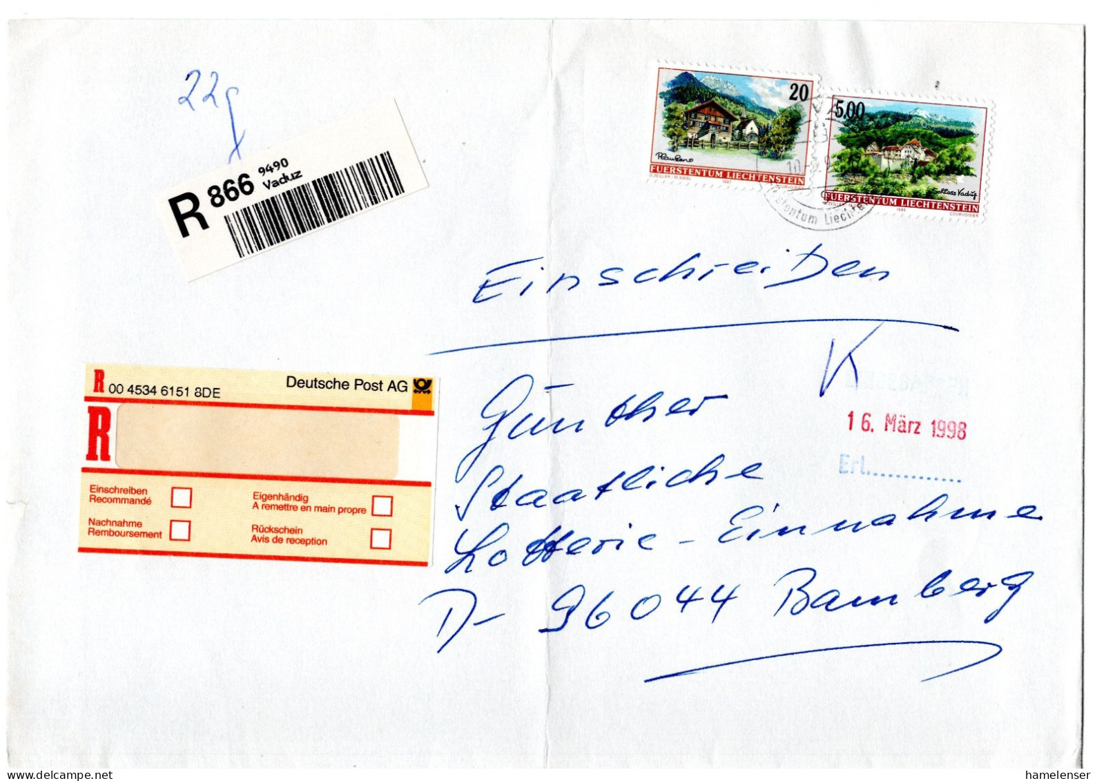 L66343 - Liechtenstein - 1998 - 5Fr Landschaften MiF A R-Bf VADUZ -> Westdeutschland - Cartas & Documentos