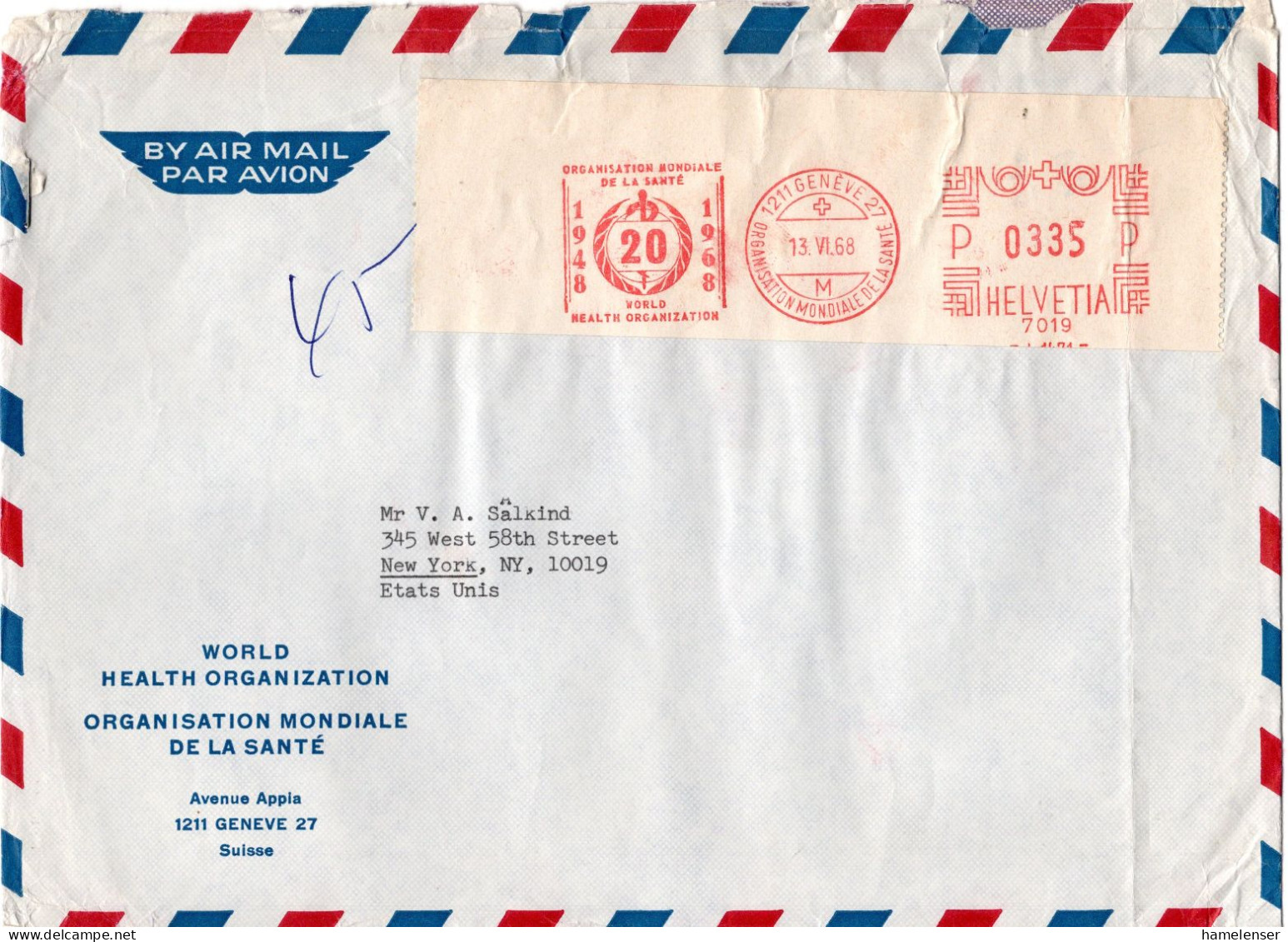 L66346 - UNO / WHO - 1968 - 335Rp Postfreistpl A LpBf GENEVE - ORGANISATION MONDIALE DE LA SANTE -> New York, NY (USA) - Brieven En Documenten