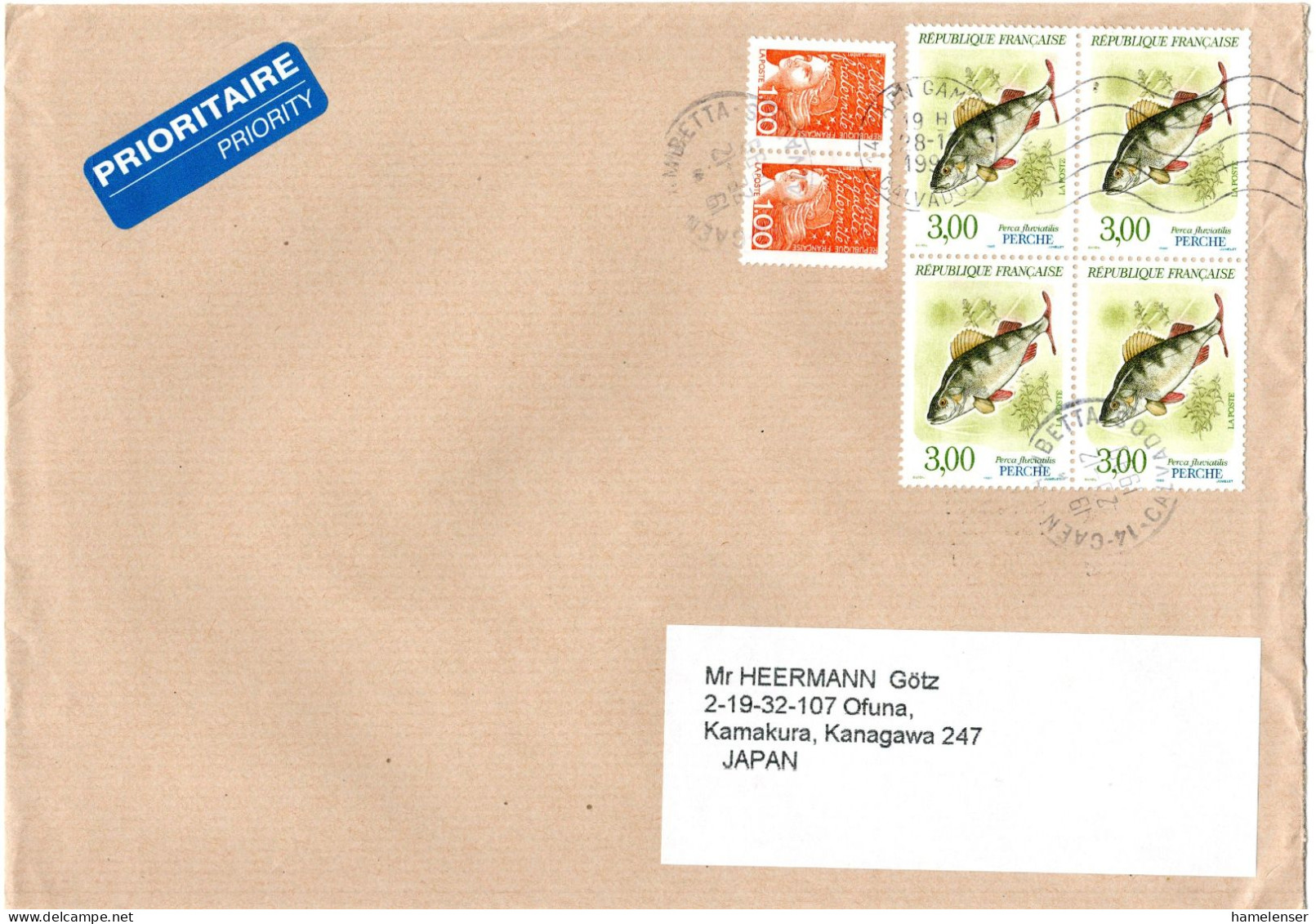 L66354 - Frankreich - 1999 - 3F Flussbarsch 田 MiF A LpBf CAEN -> Japan - Storia Postale